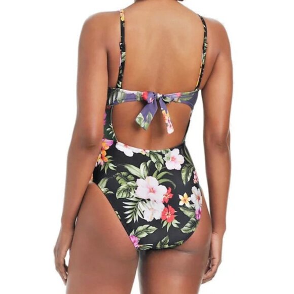Bar III Women's Floral Keyhole One-Piece Swimsuit Navy Blue Size Large NWT - Picture 2 of 8